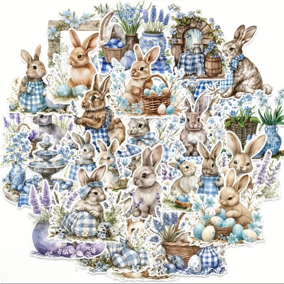 Other - 50 Springtime Blue Charming Bunny Sticker Set Easter Floral